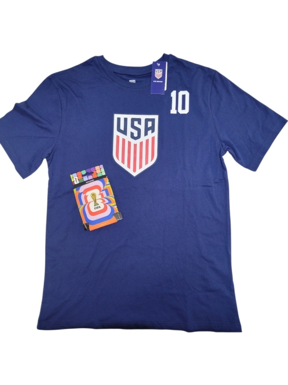 USA Soccer Christian Pulisic #10 T-Shirt + FIFA Koozie Bundle Medium NWT Blue